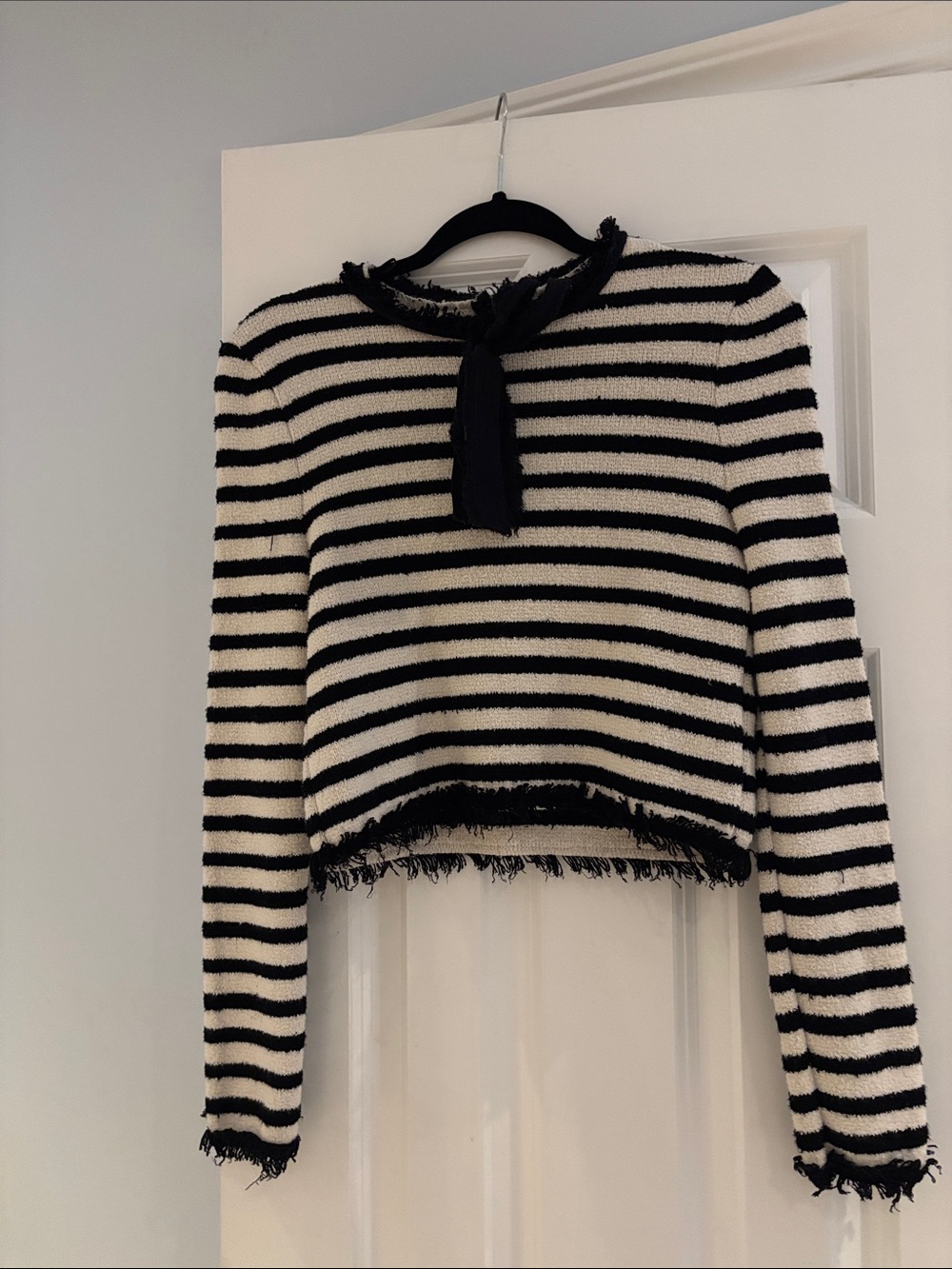 Zara Black and White Striped Fringe Tie-Neck Sweater